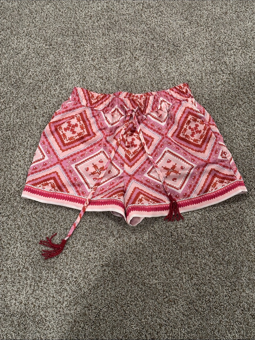 Avec Les Filles Pink and Red Geometric High-Waist Drawstring Resort Shorts